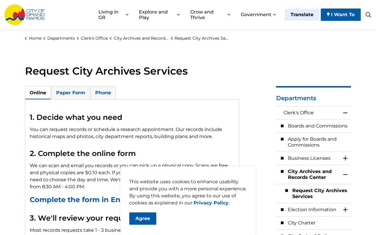 Grand Rapids previous residents City Archives request service