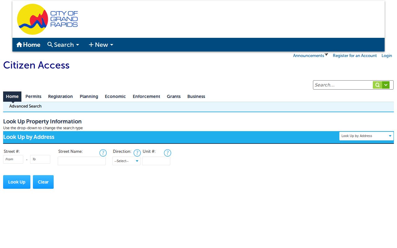 Grand Rapids Citizen Access address lookup controls for property records