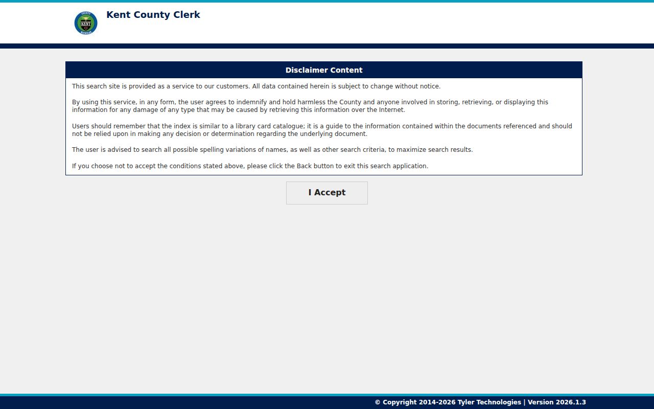 Kent County online deed-search disclaimer and self-service entry screen